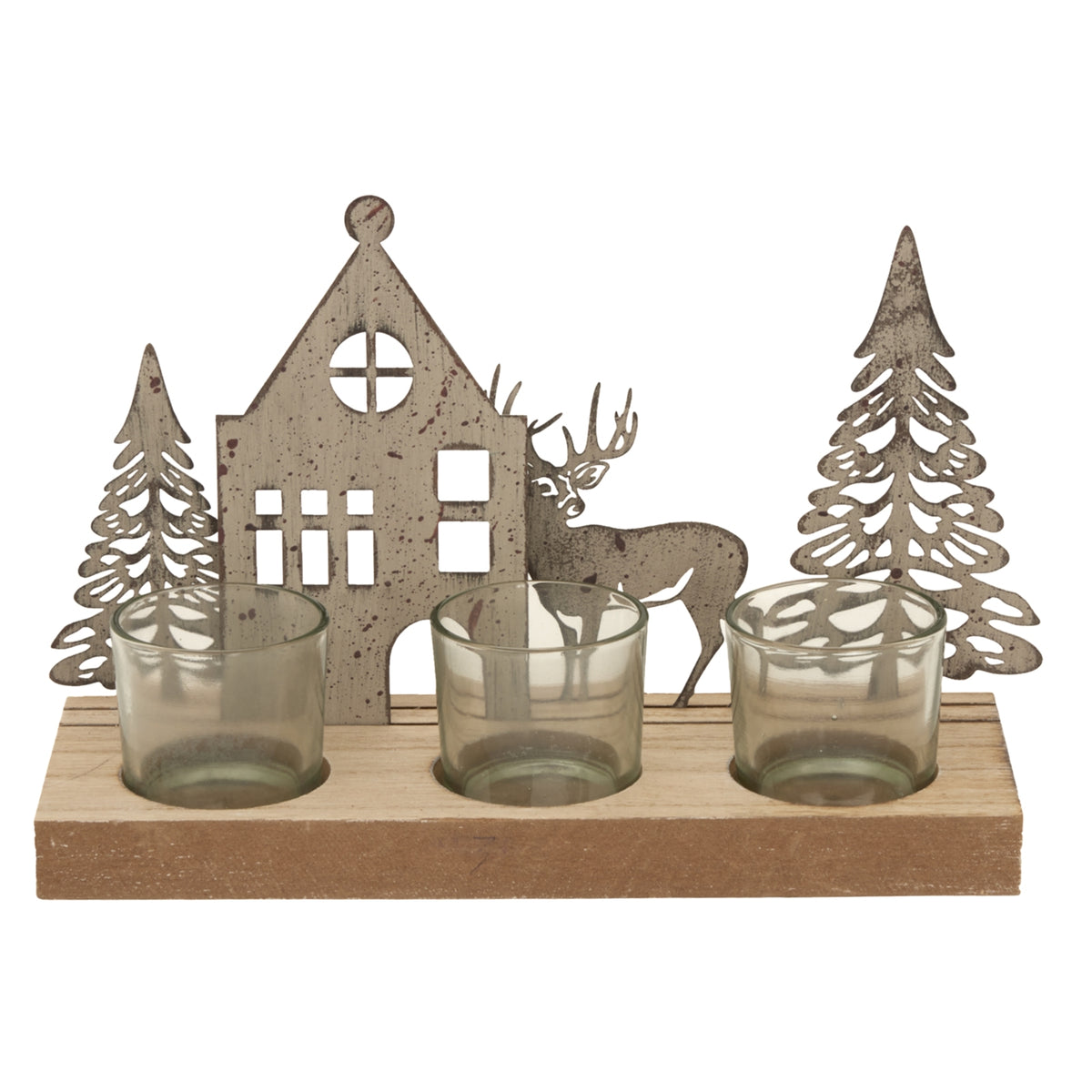 Rustic Metal Scene Tealight On Wood Stand With Glass Votives