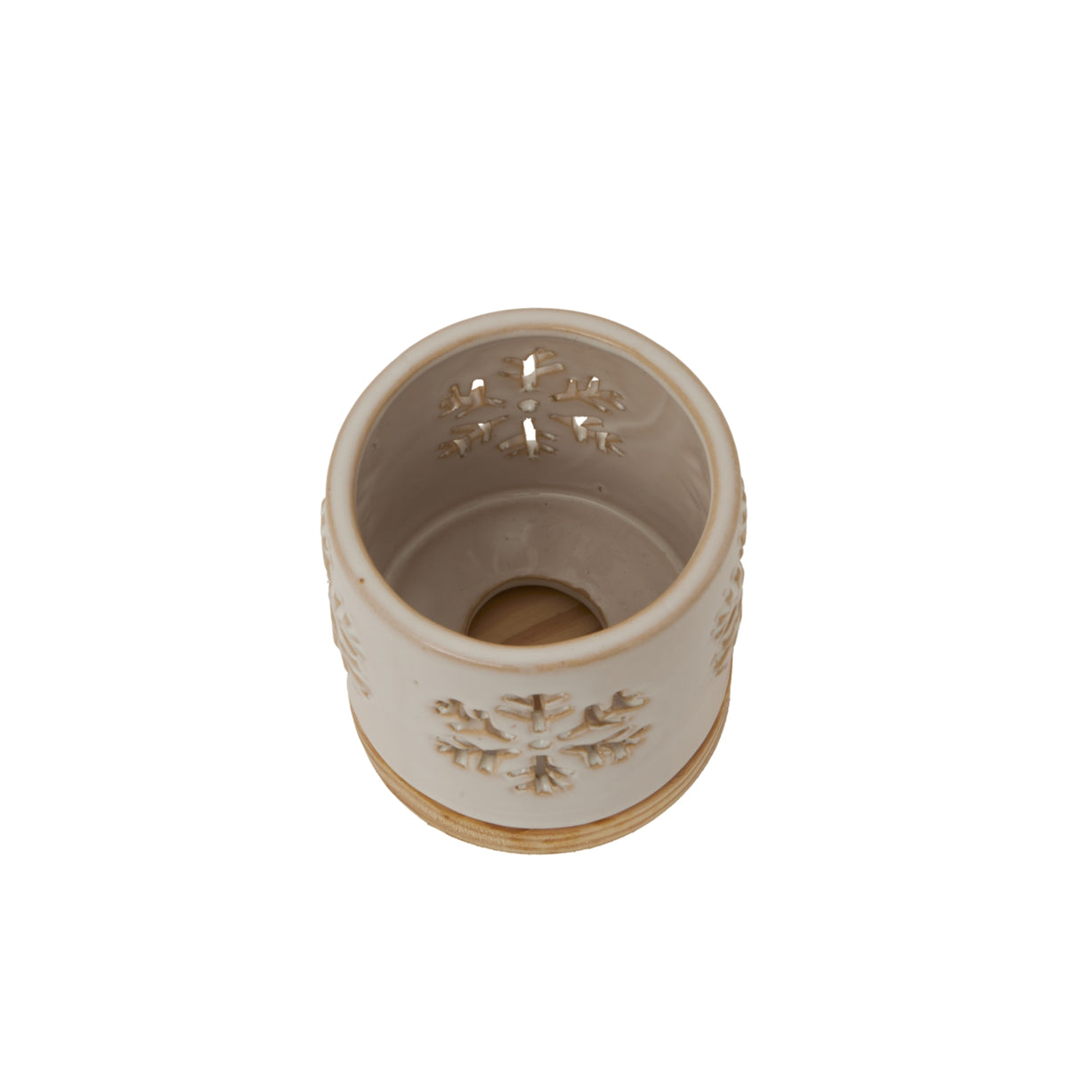 Alora Ceramic Snowflake Candle Holder On Wood Base