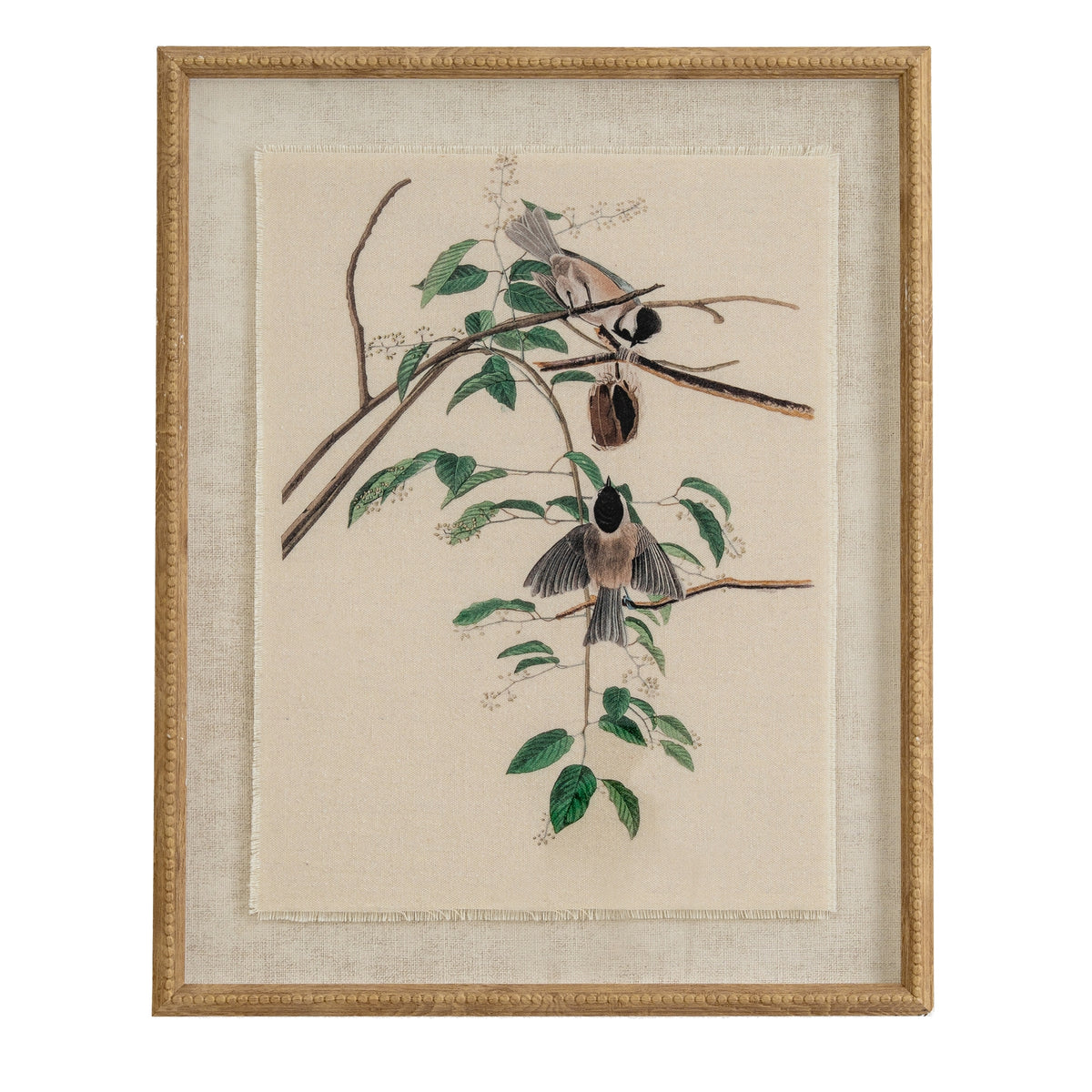 Flora & Fauna Collection Chickadees On Linen In Beaded Frame