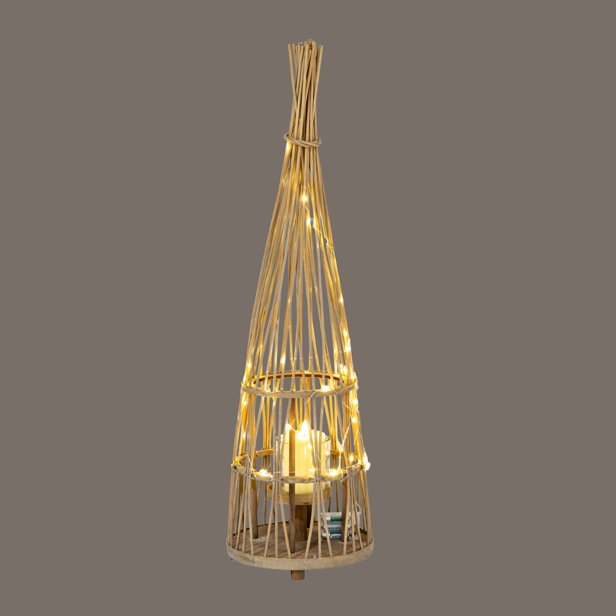 Medium Conical Wicker Lantern With Glass Holder & LED Lights