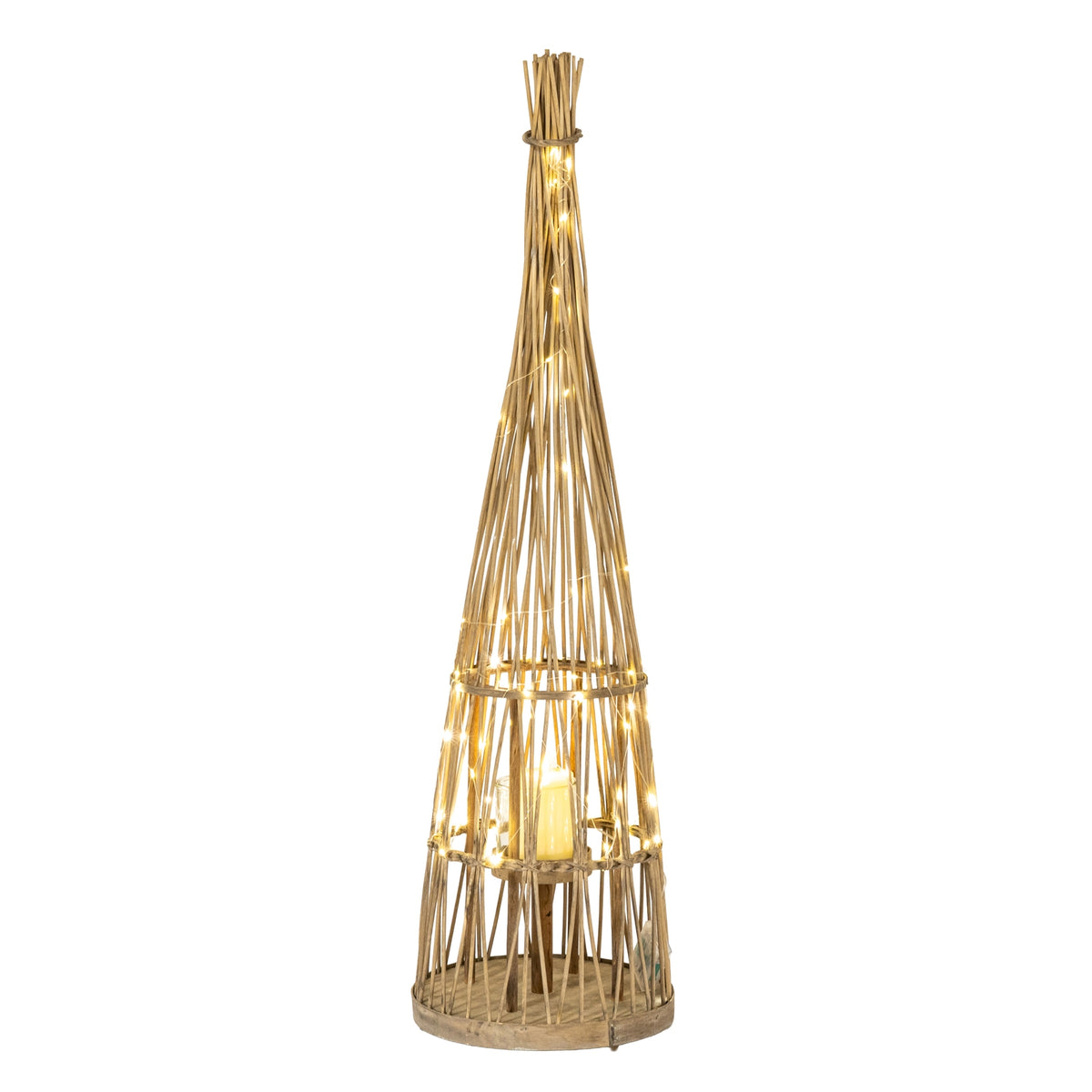 Small Conical Wicker Lantern With Glass Holder & LED Lights