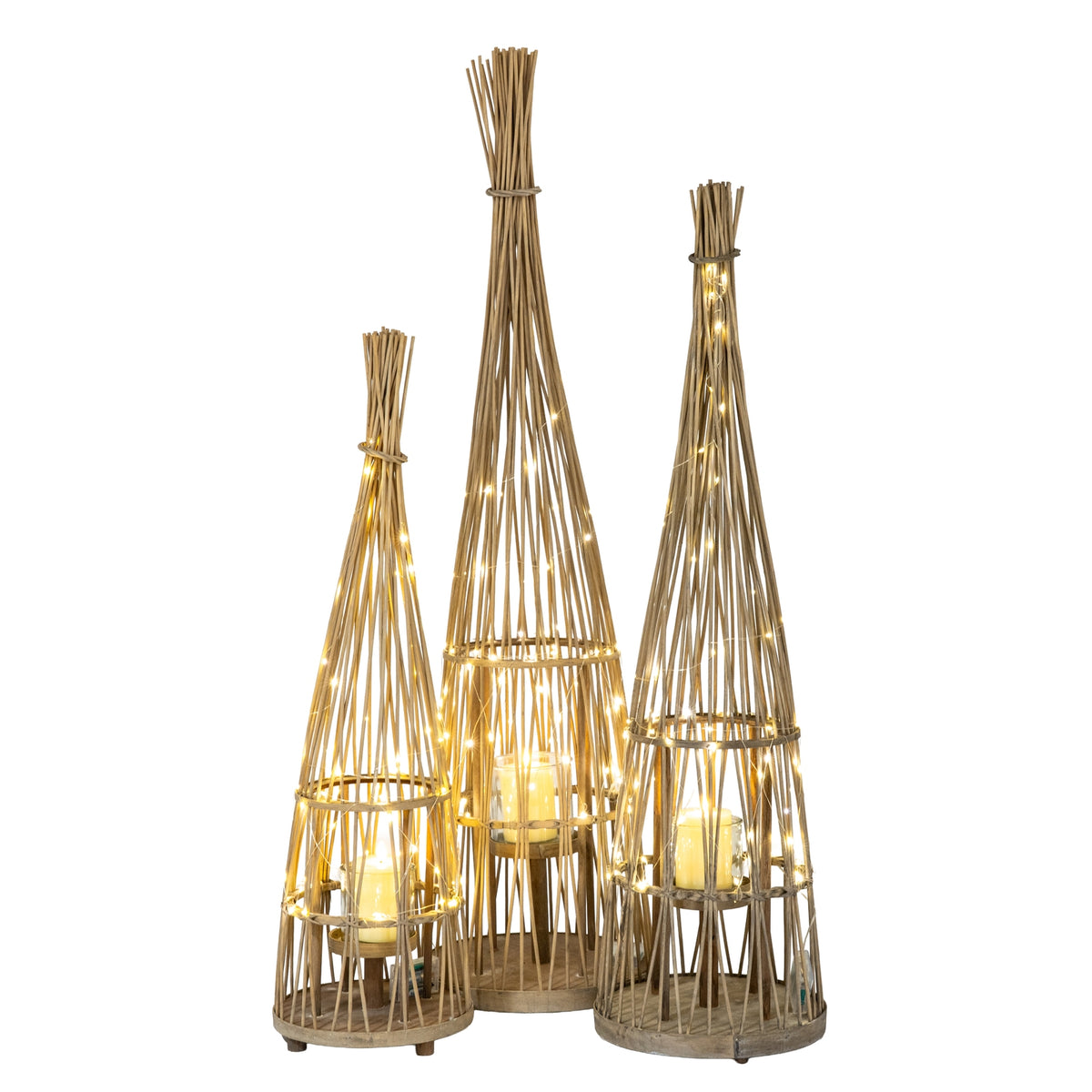 Small Conical Wicker Lantern With Glass Holder & LED Lights
